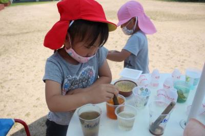 花をすり鉢でつぶして、色水を作っている写真