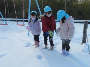 園児が雪遊びをする様子の写真