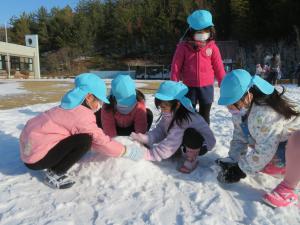 園児が雪遊びをする様子の写真