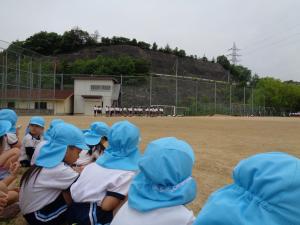 幼児が小学校の運動会を見学している写真