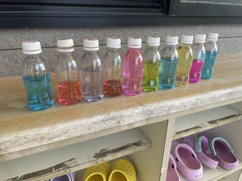 出来上がった色水を並べているところ