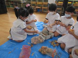 5歳児が玉ねぎの皮むきをしている写真