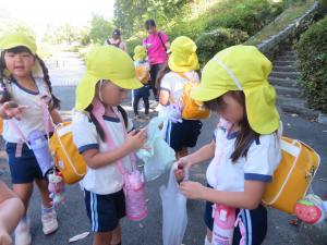 拾ったどんぐりを見せ合う様子